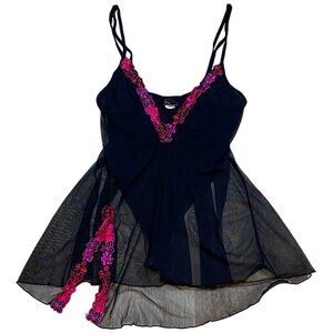 90s/Y2K Fredricks of Hollywood Black Sheer Babydoll Lingerie With Bright Pink Fl